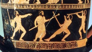 Attische roodfigurige calyx-krater die de Daden van Theseus en de saters Sikinnis, Komos en Simos toont, c.420 v.Chr.